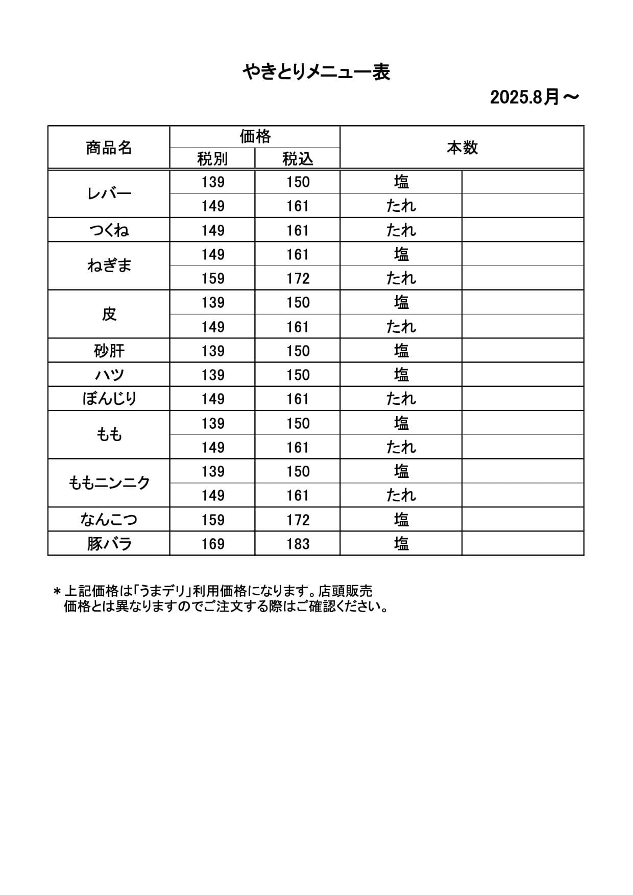 焼き鳥メニュー