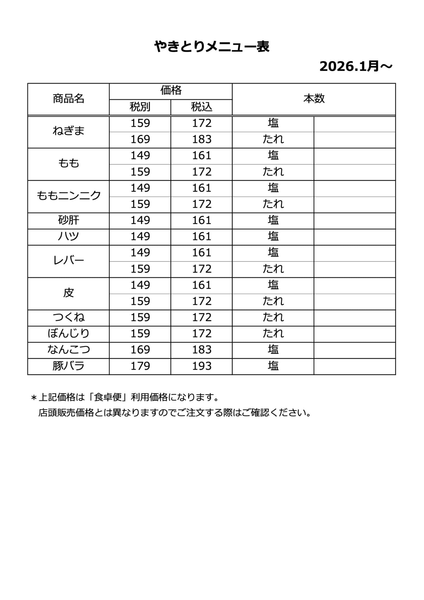 焼き鳥メニュー