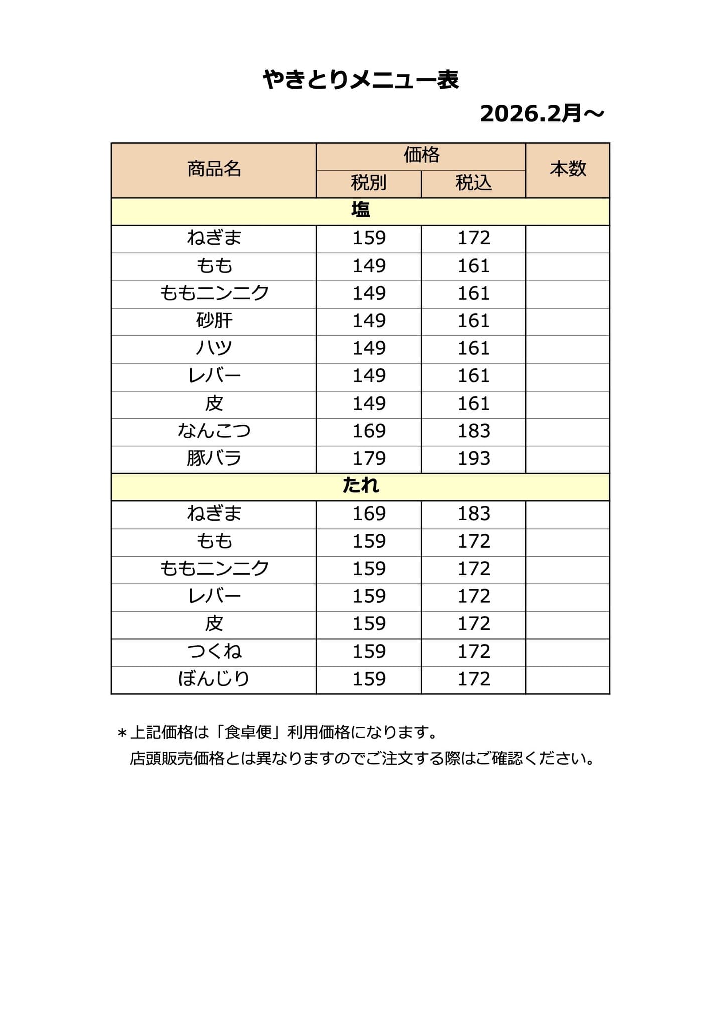 焼き鳥メニュー